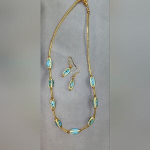 Gold-Tone Necklace & Earrings Set with Turquoise Blue Beads